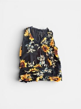 White House Black Market Black Sunflower Lace-Trim V-Neck Top